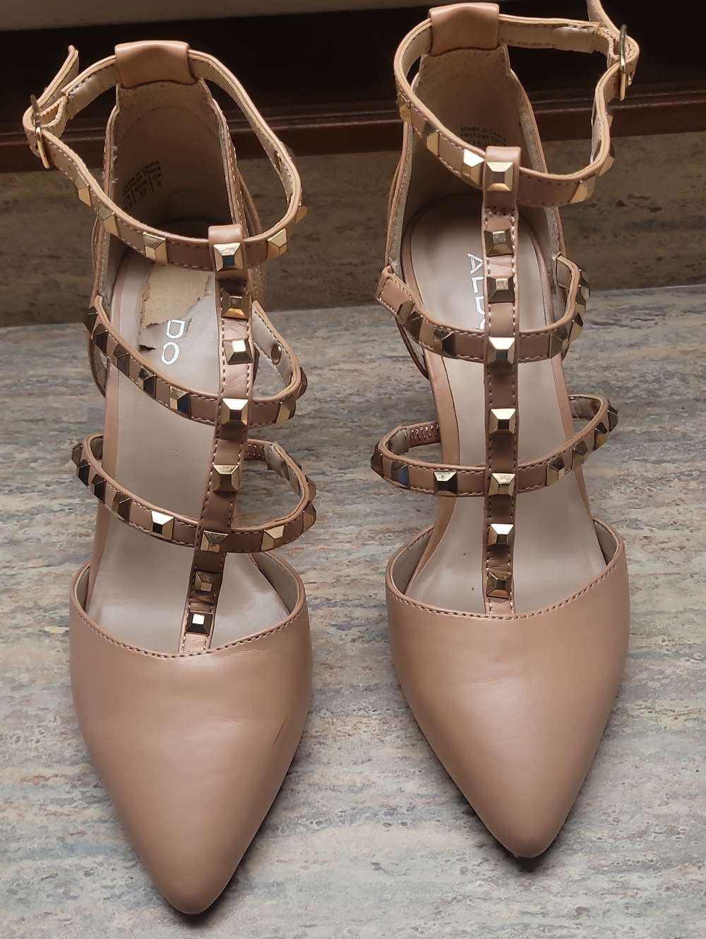 Strappy Pointed-Toe Nude Heels with Gold Stud Detail